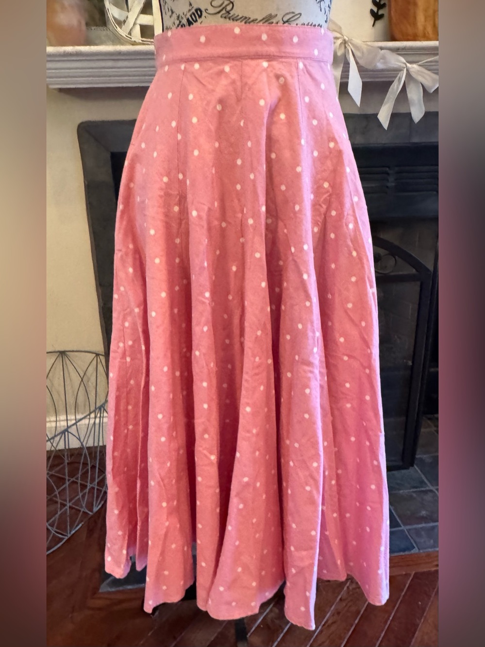 Vintage 80s Laura Ashley Pink White Polka Dot Maxi Skirt Cottagecore Bleach Spot
